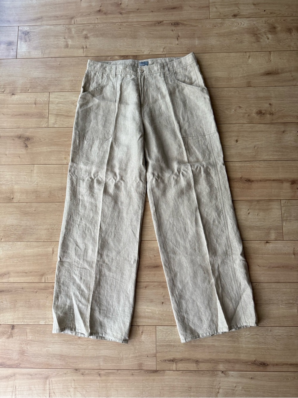 ADEC 100% Linen Wide Leg Trousers Womens 14 Beige Minimalist Coastal
